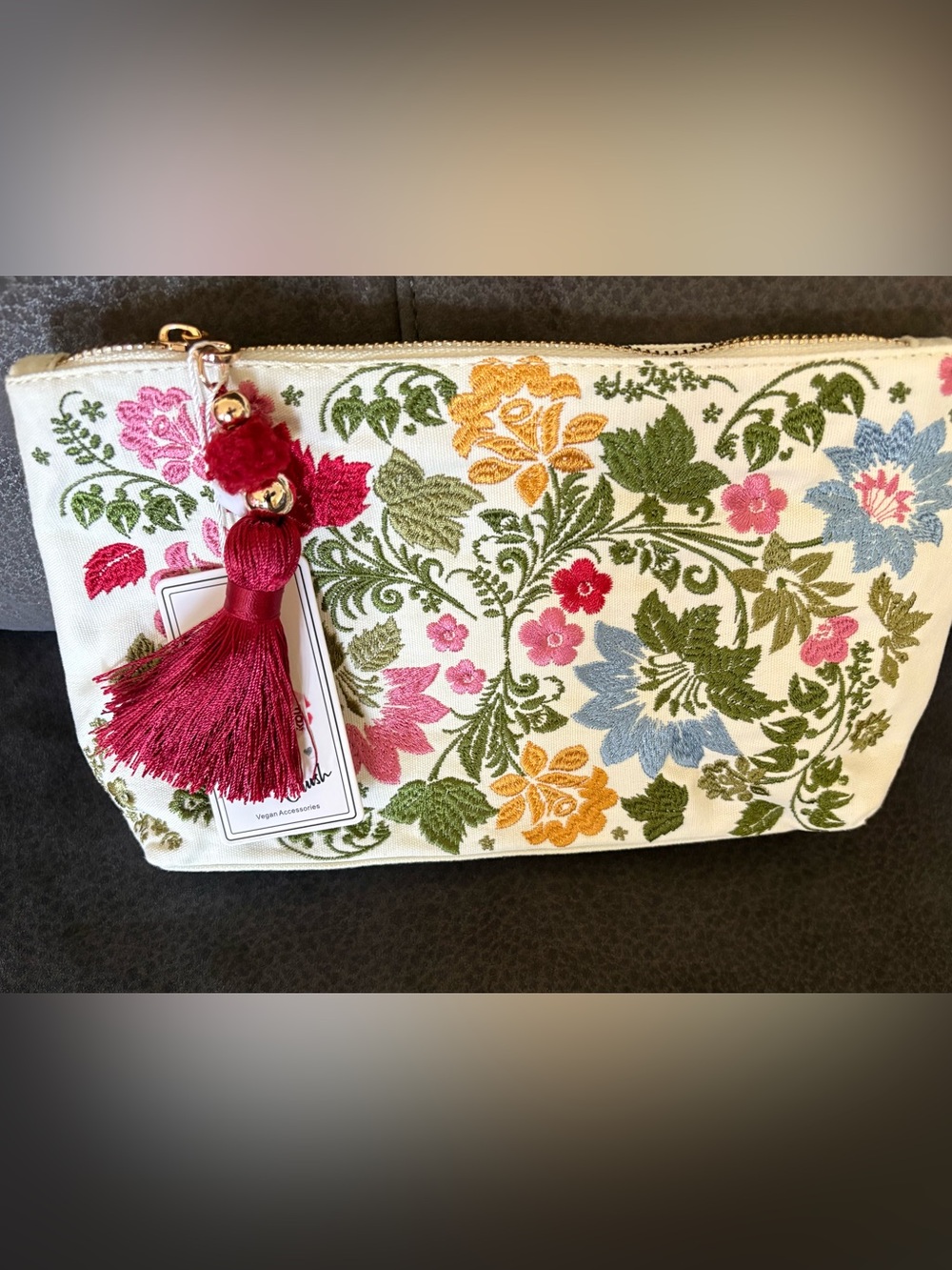 NWT Floral Embroidered Cosmetic Bag with Tassel Zipper Pull | Boho Makeup Pouch